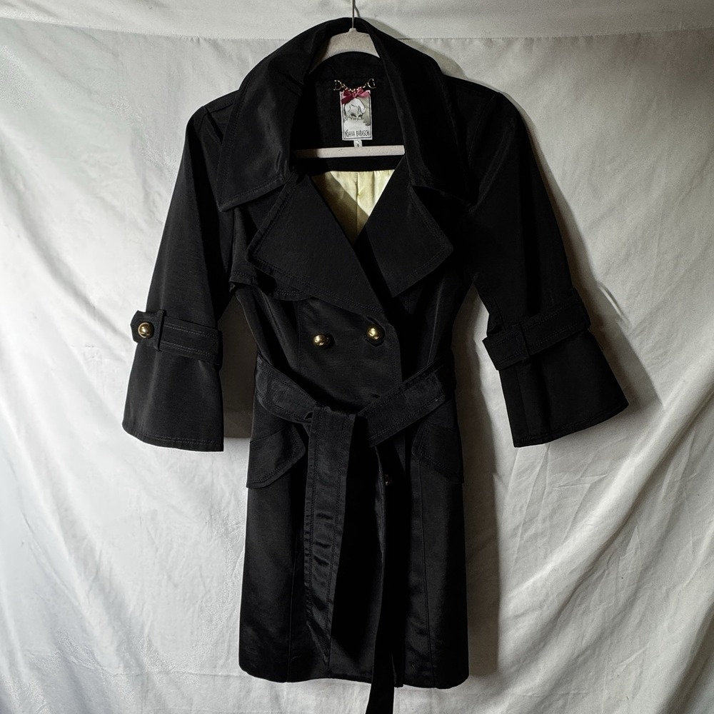 Yoana Baraschi Black Trench Coat Womens Size 6‎ Belted Double Breasted Jacket